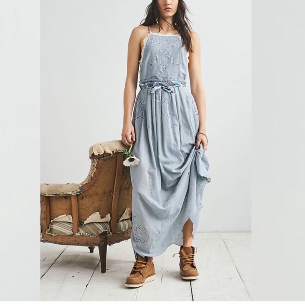 Free People Rosalia Embroidered Apron Dress Pinstriped Cutwork Cotton Lace Maxi